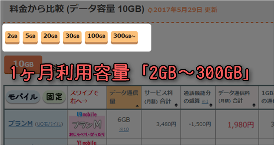1ヶ月利用容量「2GB~300GB」