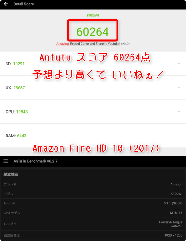 Antutuスコア60264点。予想より高くて いいねぇ!